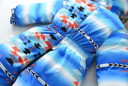 YBFSKID Kids Boys Winter Rompers Geometric Pattern Plush Thick Toddler Baby Boys Ski Suit Fur Collar Little Boys Jumpsuit Outfit