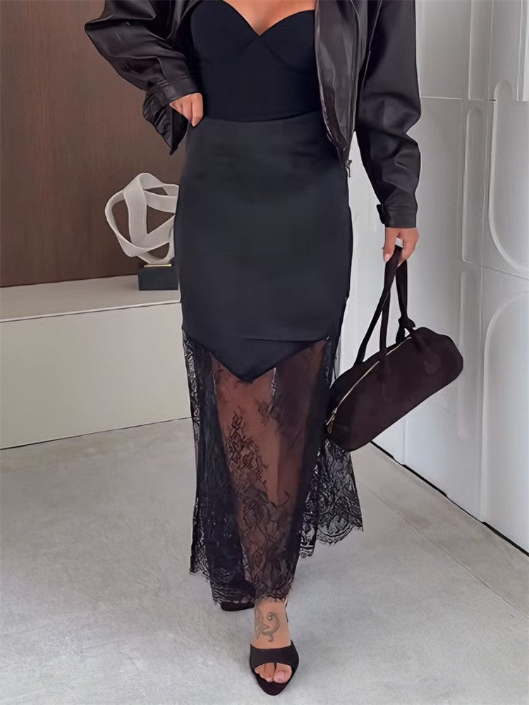 Trendix Women Patchwork Lace Skirts 2025 New High Waist Slim Hollow Out Maxi Skirts Autumn Brown Fashion Party Club Boho Skirt