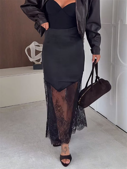 Trendix Women Patchwork Lace Skirts 2025 New High Waist Slim Hollow Out Maxi Skirts Autumn Brown Fashion Party Club Boho Skirt