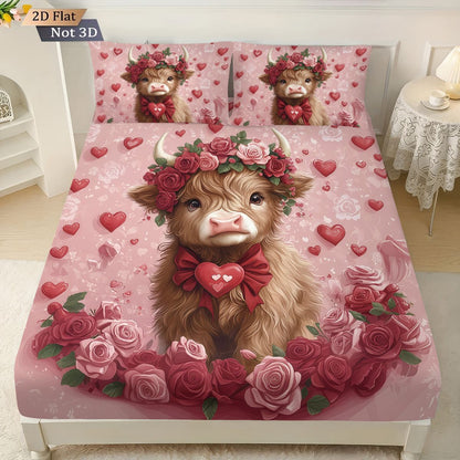3pcs Valentine's Day Romantic Highland Cow Print coreless Bed Sheet Set Multiple Sizes Bed Cover Bedroom Bedding Decoration