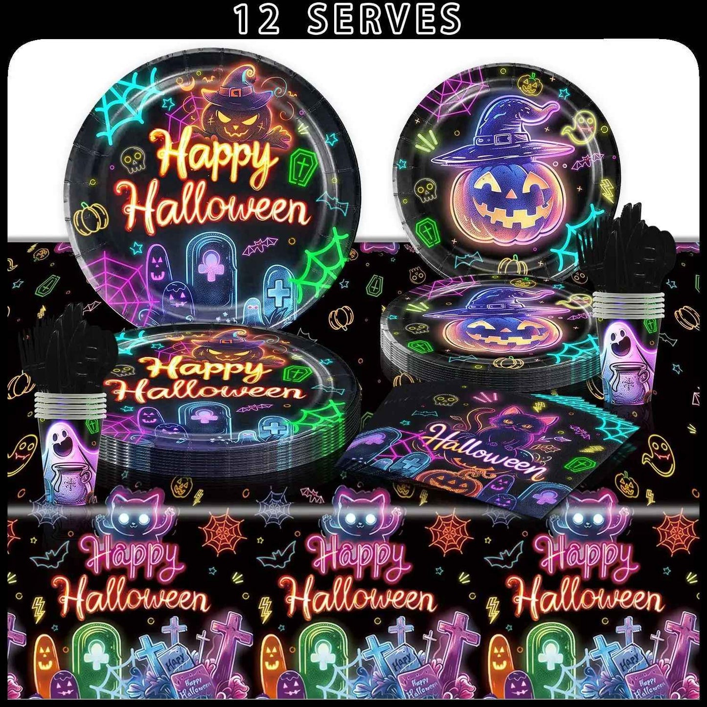 Conjunto de Louça de Festa de Halloween Pratos Festivos Guardanapos Toalha de Mesa Louça Descartável para 10/12 Convidados Decoração de Halloween