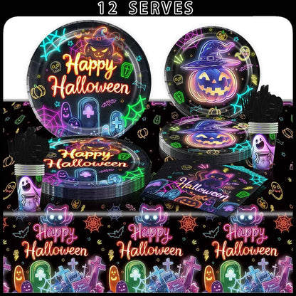 Conjunto de Louça de Festa de Halloween Pratos Festivos Guardanapos Toalha de Mesa Louça Descartável para 10/12 Convidados Decoração de Halloween