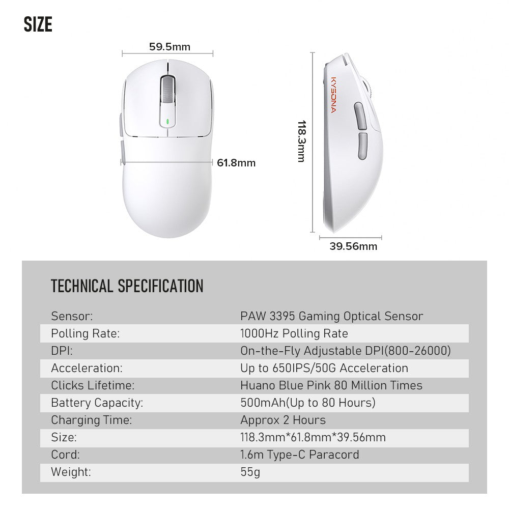 Mouse Gamer Sem Fio Kysona M600 PAW3395 Bluetooth Esports 55g 26000DPI 6 Botões Óptico PAM3395 para Laptop PC
