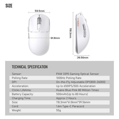 Mouse Gamer Sem Fio Kysona M600 PAW3395 Bluetooth Esports 55g 26000DPI 6 Botões Óptico PAM3395 para Laptop PC