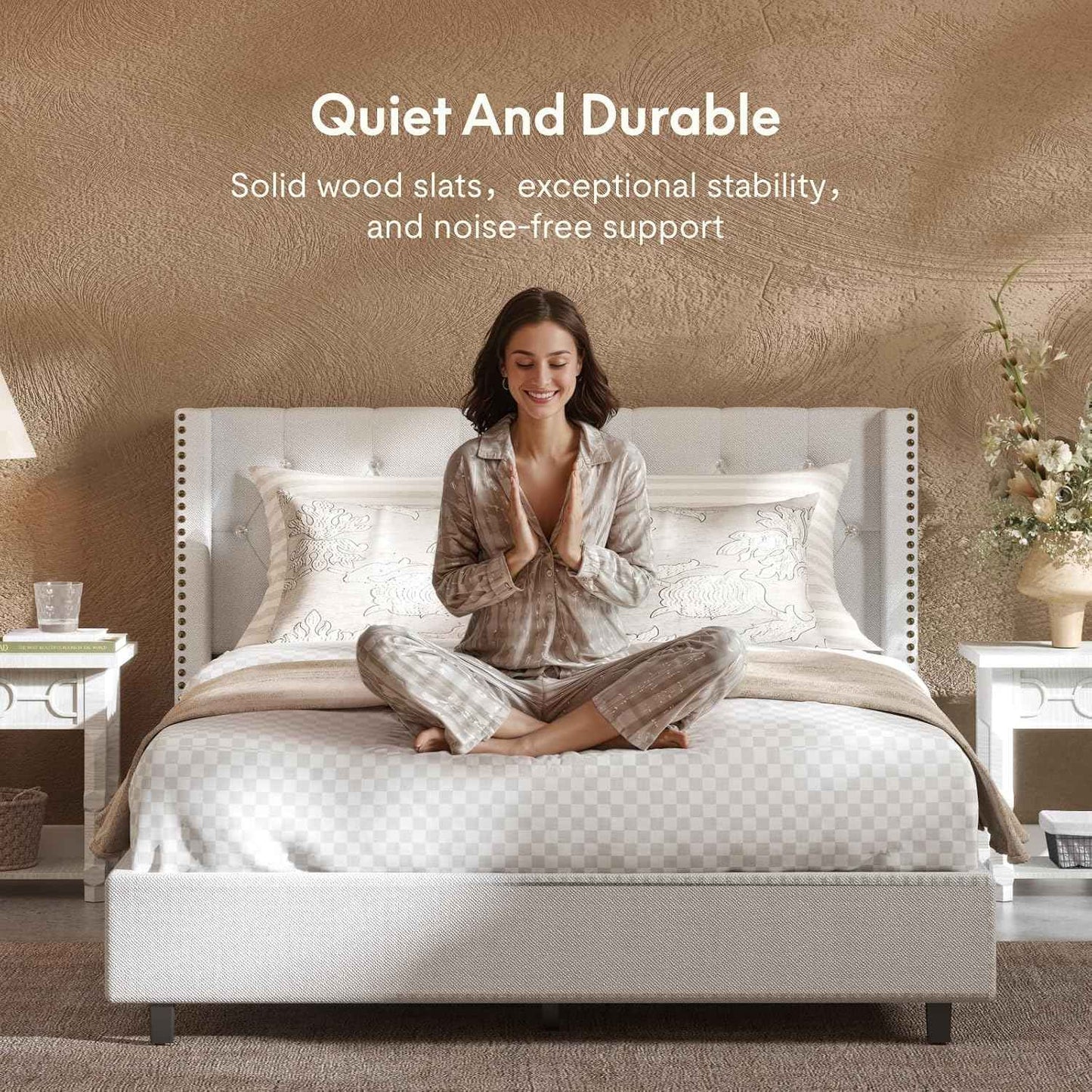 Queen Size Bed Frame, Upholstered in Natural Linen, Platform Bed with Wingback Headboard, Luxury Diamond Tufting, Heavy-