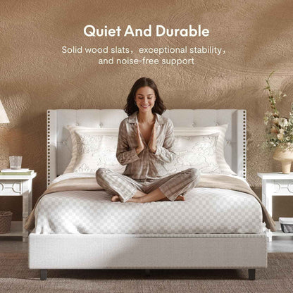 Queen Size Bed Frame, Upholstered in Natural Linen, Platform Bed with Wingback Headboard, Luxury Diamond Tufting, Heavy-