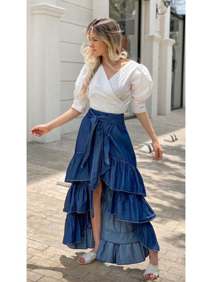 Women Mermaid Skirt Plus Size High Waist Casual Plain Spliced Pleated Slit Hem Denim Skirt Single Button Slim Vintage Skirt 2023