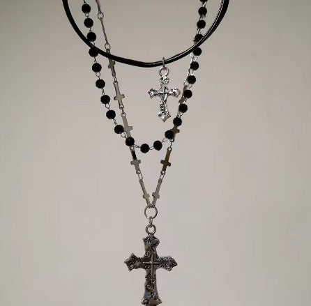 Gothic Punk Y2K Black Cross Pendant Necklace for Women Men 2025 Vintage Multi Layer Bead Necklaces 90s EMO Charm Jewelry Gifts