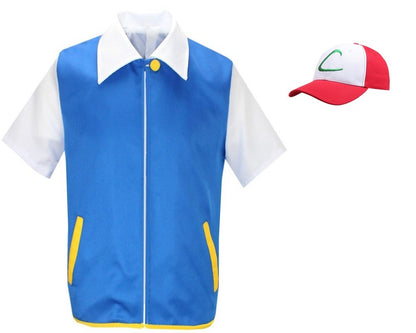 Anime Blue JacketP-PokemonING Go Men Cosplay Costume Boys Ash Ketchum For Halloween Party Trainer Gloves Cap Set Christmas Gift