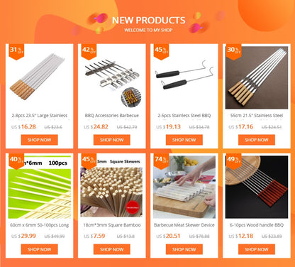 6-12pcs 21.6'' 55CMBBQ Skewers Stainless Steel Large Flat Barbecue Needle Shish Kabob Metal Skewer Set Handle BBQ Forks Tools