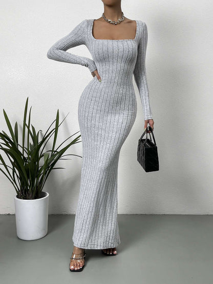 Women's Sexy Square Neck Mid-Length Knitted Dress Slim Fit Retro Long-Sleeved Wrap Hip Robe for Fall