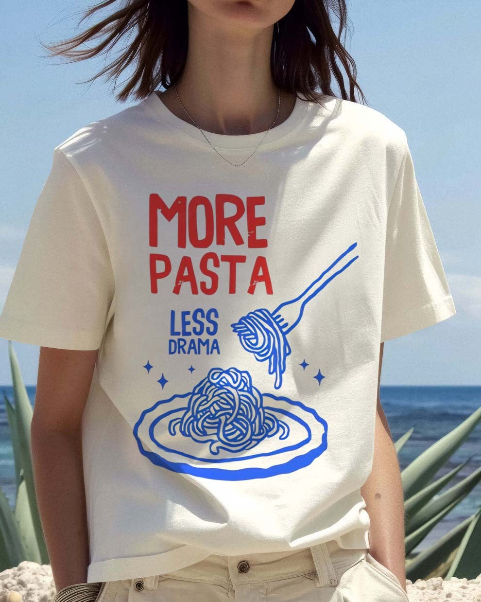 More Pasta Less Drama Women's T-Shirt Printed Pattern Round Neck Summer New Seaside Vacation Travel Basic White Top T-Shirt