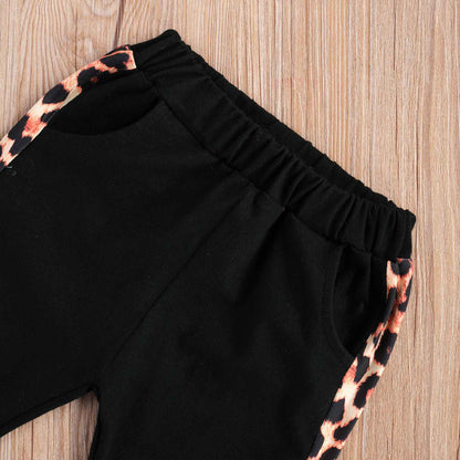 Infant Baby Girl Long-sleeved Trousers Suit Letter Hooded T-shirt Leopard Stitching Long Pants Headband 3Pcs Clothes Spring Fall