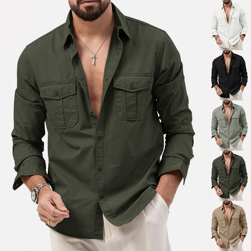 Safari Cotton Shirts Mens Outdoor Work Travel Button Down Tops Casual Long Sleeve Hiking Camping Utility Shirt With Flap Pocket