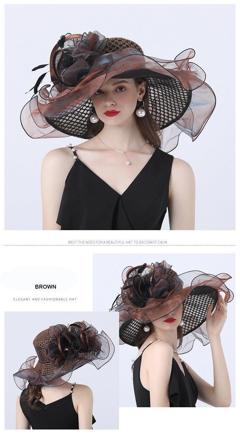FS Mulheres Organza Vermelha Chapéus Casamento Fascinadores Elegante Grande Aba Larga Fedora Kentucky Derby Chapéus Festa Formal Igreja Chapéu Feminino