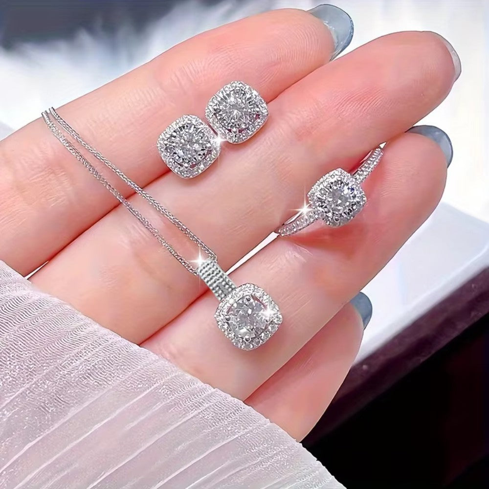 Conjunto 3 Peças Marca Luxo Brilhante Geométrico Quadrado Zircão Colar Brincos Anéis para Mulheres Conjunto Joias de Moda Charmoso Presente de Aniversário