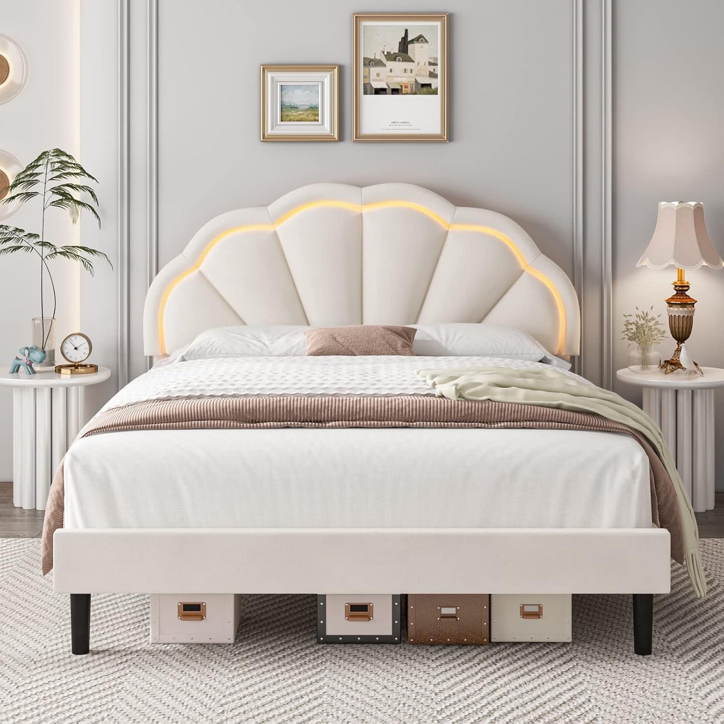 Base de Cama Estofada Inteligente com LED e Cabeceira Ajustável em Pétala Chique, Camas de Plataforma de Tamanho Casal Princesa para Cri