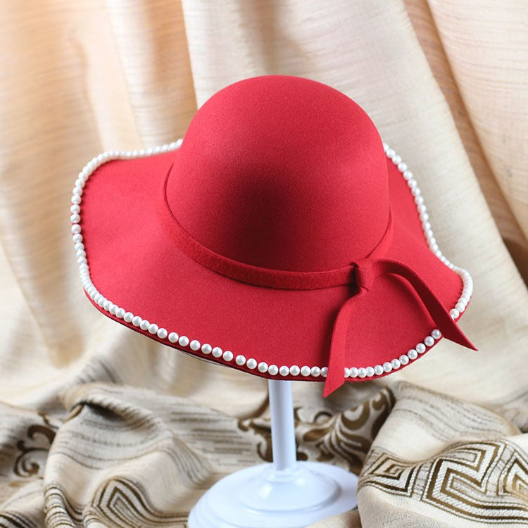 Chapéu-coco de lazer retrô feminino de outono e inverno, edição coreana, moda, guarda-sol, pérola, chapéu de lã, para desfiles e passeios de outono