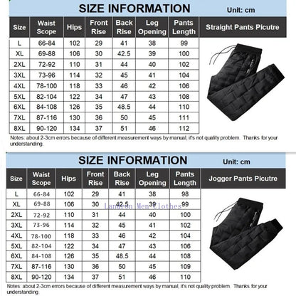 Calças Masculinas de Pena de Pato para Exterior, Acolchoadas, Inverno, 8GG, 7GG, 6GG, Jogger, Quente, Impermeável, Térmica, Tamanhos Grandes, Roupas Resistentes ao Frio