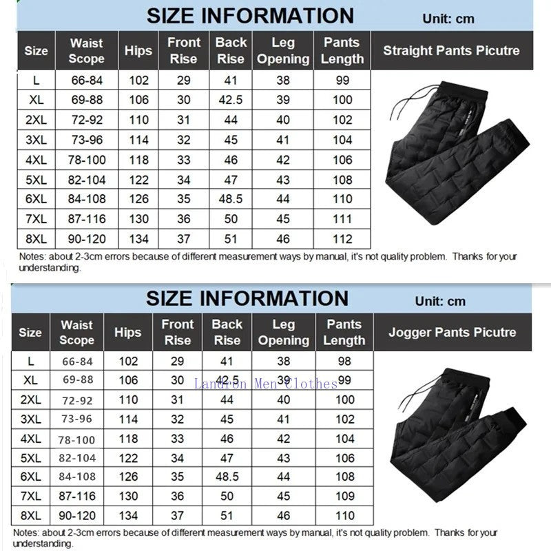 Calças Masculinas de Pena de Pato para Exterior, Acolchoadas, Inverno, 8GG, 7GG, 6GG, Jogger, Quente, Impermeável, Térmica, Tamanhos Grandes, Roupas Resistentes ao Frio