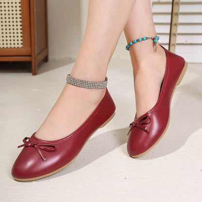 Women's Elegant Red Ballet Flats Spring Summer New Versatile Low Top Comfort Soft Lightweight Bow Detail Slip On Work Shoes