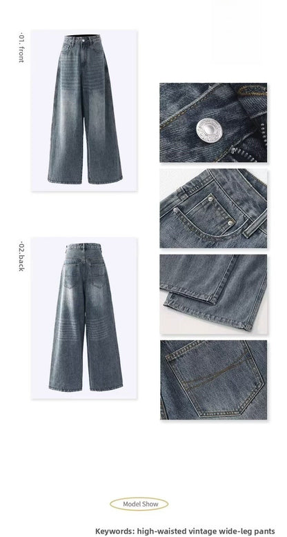 Retro High Waist Wide Leg Jeans Women Summer New plus Size Loose Slimming Pear ape Straight Leg Pants Casual Waed Blue