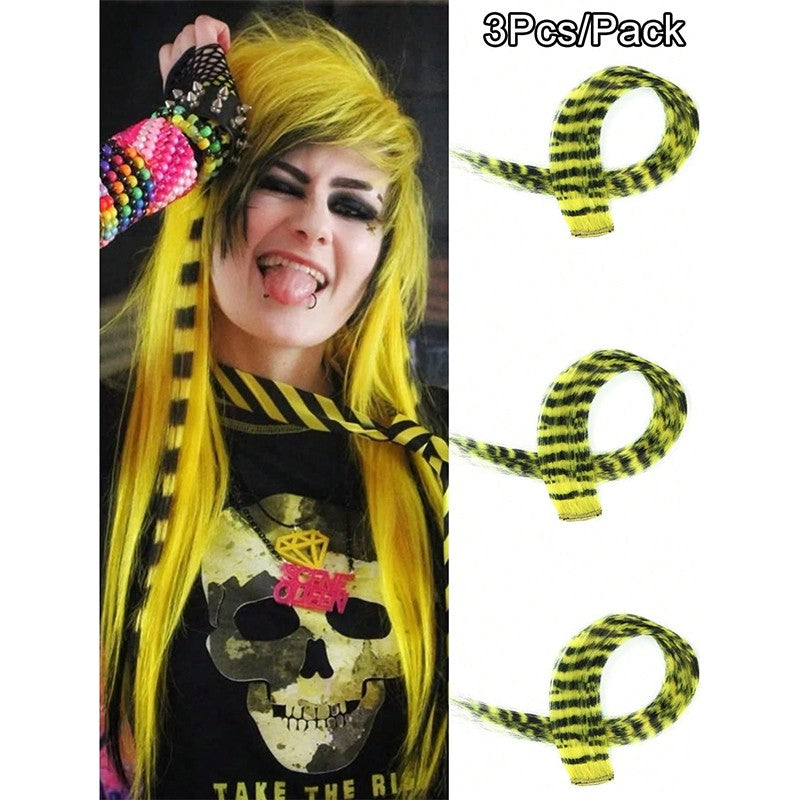 3Pcs Leopard Print Hair Extensions Synthetic Stripe Printed Hair Piece Colorful Long Straight Clip In Hair For Women Girls Party