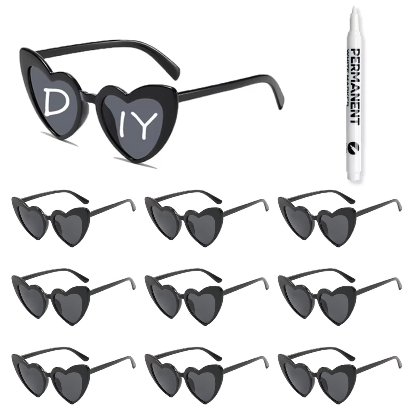 100-10Pcs DIY Wedding Sunglasses Personalised Heart Sunglasses with Pen Bachelorette Party Glasses Bridesmaid Gifts for Guests