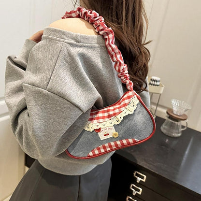 New Cute Checkered Handbags Sweet Lace Underarm Bag Bowknot Armpit Shoulder Crossbody Bag Y2k Fashion Casual Shoulder Bag