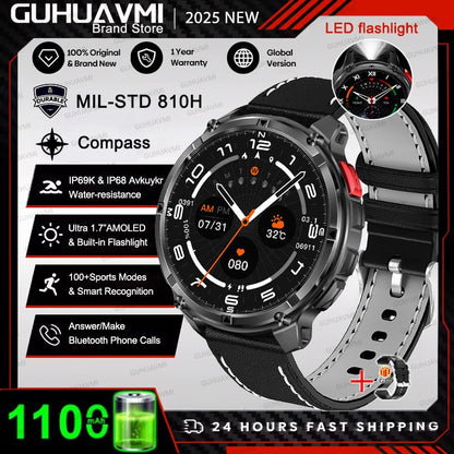 Smartwatch Masculino 2026 Novo Militar 1100mAh Bateria Tela AMOLED 1.7" Bússola GPS Lanterna Chamada Bluetooth 5ATM Natação