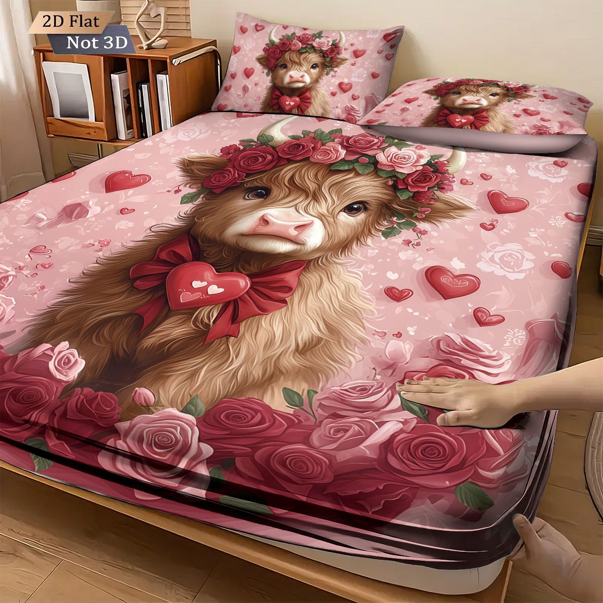 3pcs Valentine's Day Romantic Highland Cow Print coreless Bed Sheet Set Multiple Sizes Bed Cover Bedroom Bedding Decoration