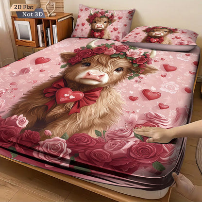 3pcs Valentine's Day Romantic Highland Cow Print coreless Bed Sheet Set Multiple Sizes Bed Cover Bedroom Bedding Decoration