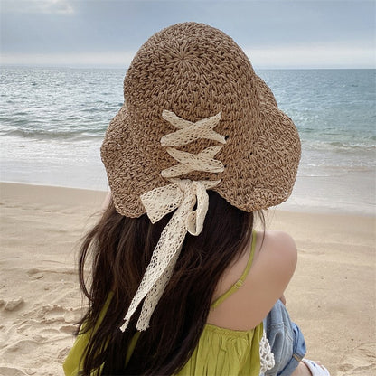 Straw Hat Women's Lace Bow Hollow Crochet Cap Summer Sunshade Sun Hat Fashion Foldable Beach Hat