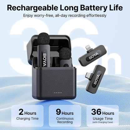 BOYA BY-V3 Microfone de Lapela Sem Fio com Cancelamento de Ruído Recarregável para iPhone Android Câmera Transmissão ao Vivo Vlogging