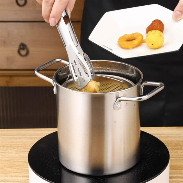 LMETJMA 3L Deep Fryer Pot Stainless Steel Frying Pot With Mesh Steamer Basket Japanese Tempura Fryer Pot with Lid and Tong JT230