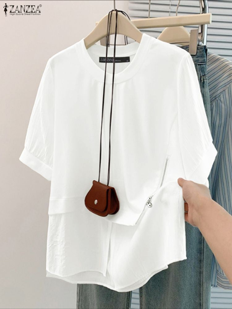 ZANZEA Women Summer Patchwork Blouse 2025 Casual O Neck Short Sleeve Tops Blusas Fashion Elegant Work Shirt Mujer Female Chemise