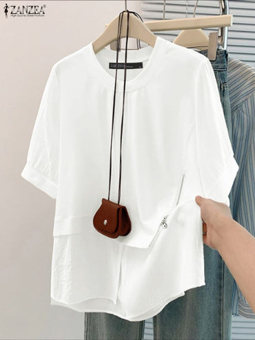 ZANZEA Women Summer Patchwork Blouse 2025 Casual O Neck Short Sleeve Tops Blusas Fashion Elegant Work Shirt Mujer Female Chemise