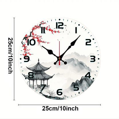 Chinese Landscape Wooden Round Silent Hanging Wall Clock, Suitable For Living Room, Office, Study Room, Bedroom, Home Decoration
