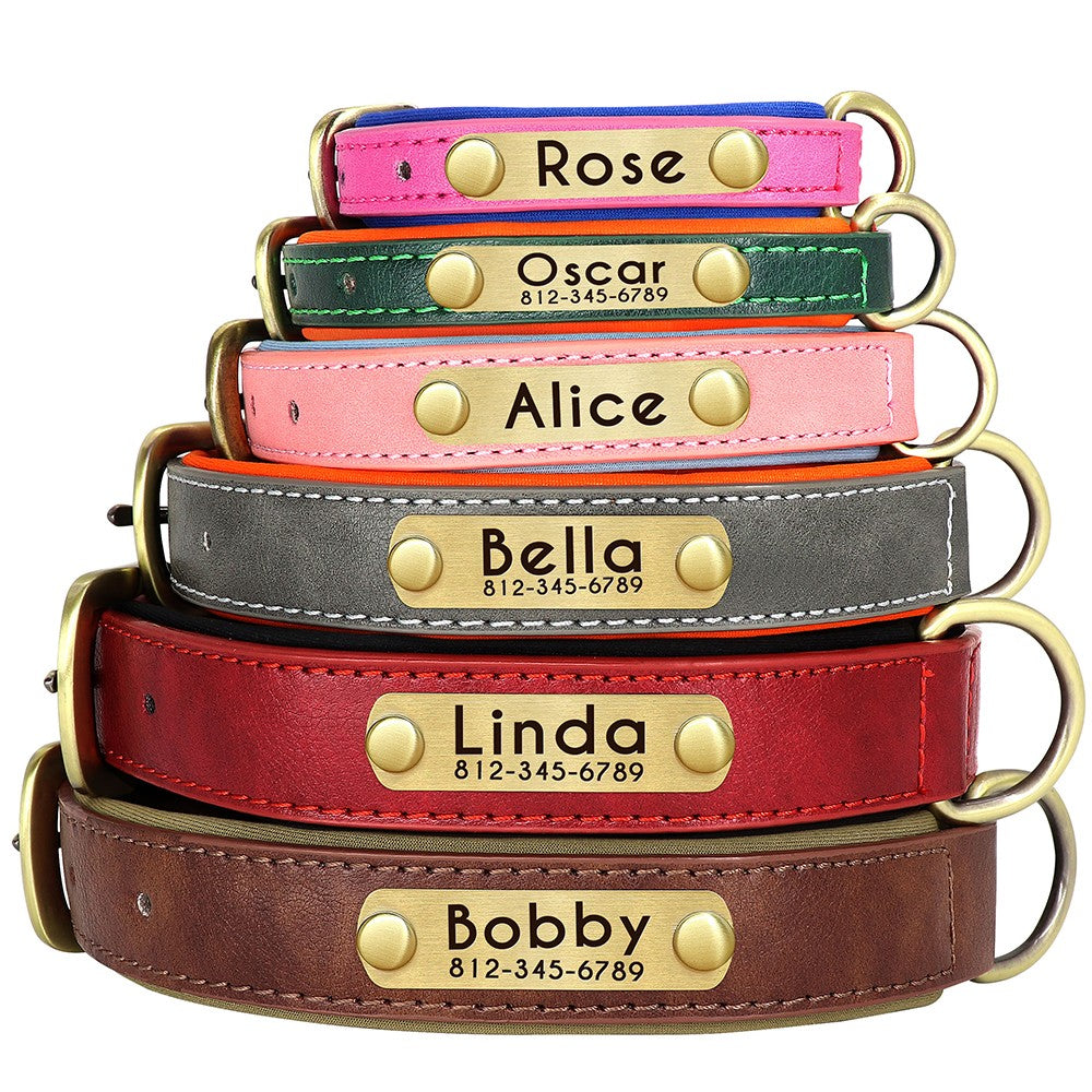 Conjunto Personalizado de Coleira e Guia de Couro para Cães Coleira de Couro Acolchoada Macia para Cães de Pequeno, Médio e Grande Porte com Placa de Identificação Grátis