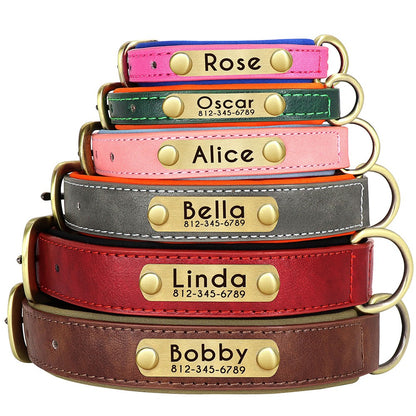 Conjunto Personalizado de Coleira e Guia de Couro para Cães Coleira de Couro Acolchoada Macia para Cães de Pequeno, Médio e Grande Porte com Placa de Identificação Grátis