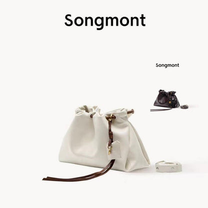 Songmont Genuine Leather Mini Bucket Bag Adjustable Drawstring Multi Straps White Black Blue Casual Chic Crossbody Bag Oversized