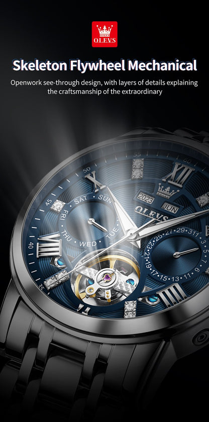OLEVS Men's Watches Skeketon Flywheel Automatic Mechanical Original Wristwatch for Man Waterproof Luminous Perpetual Calendar