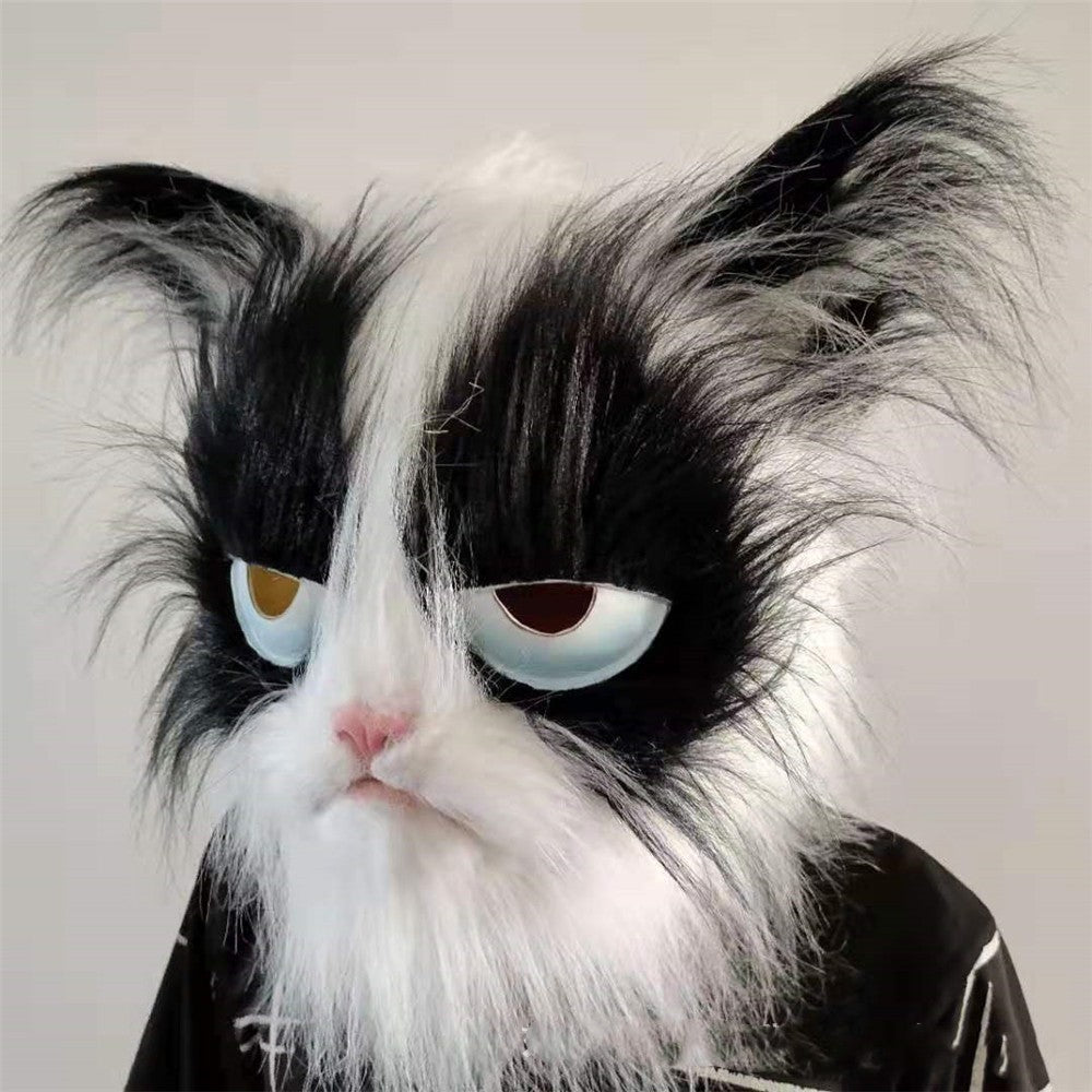 Latex with Fur Black Cat Cosplay Mask Scary Helmet Animal Funny Costume Hood Hair Mask Headwear Adult Halloween Party Props