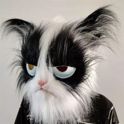 Latex with Fur Black Cat Cosplay Mask Scary Helmet Animal Funny Costume Hood Hair Mask Headwear Adult Halloween Party Props