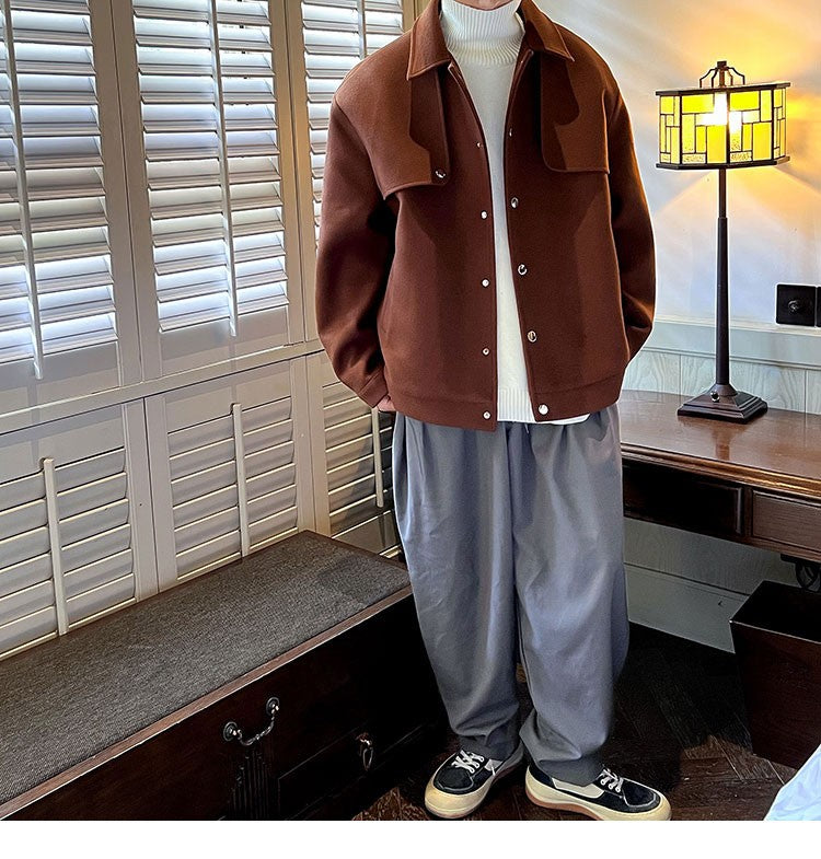 Winter Short Woolen Coat Men Warm Retro Thickened Woolen Jacket Men Streetwear Korean Loose Woolen Coat Mens Oversized Overcoat