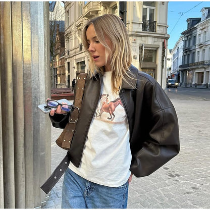Vintage PU Leather Bomber Jackets 2025 Autumn New Ladies Zipper Lapel Long Sleeve Pocket Coat With Belt Women's Loose Streetwear