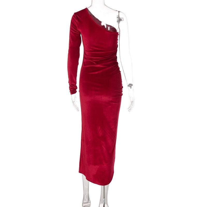 Women Elegant Long Sleeve Party Evening Velvet Bodycon Split Pencil Midi Dress S