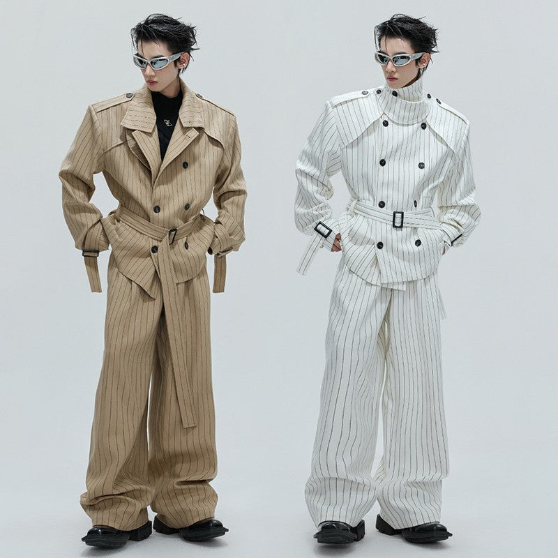 LUZHEN Fashion Stripe Printed Stand Neck Double Breasted Male Coat 2025 Autumn New Handsome Straight Casual Trousers Men JY4780