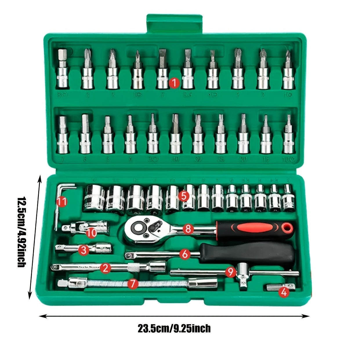 Kit de reparo automotivo avançado, caixa de ferramentas verde, conjunto de catracas profissional de 46 peças, conjunto de ferramentas profissionais, itens essenciais para manutenção de carros