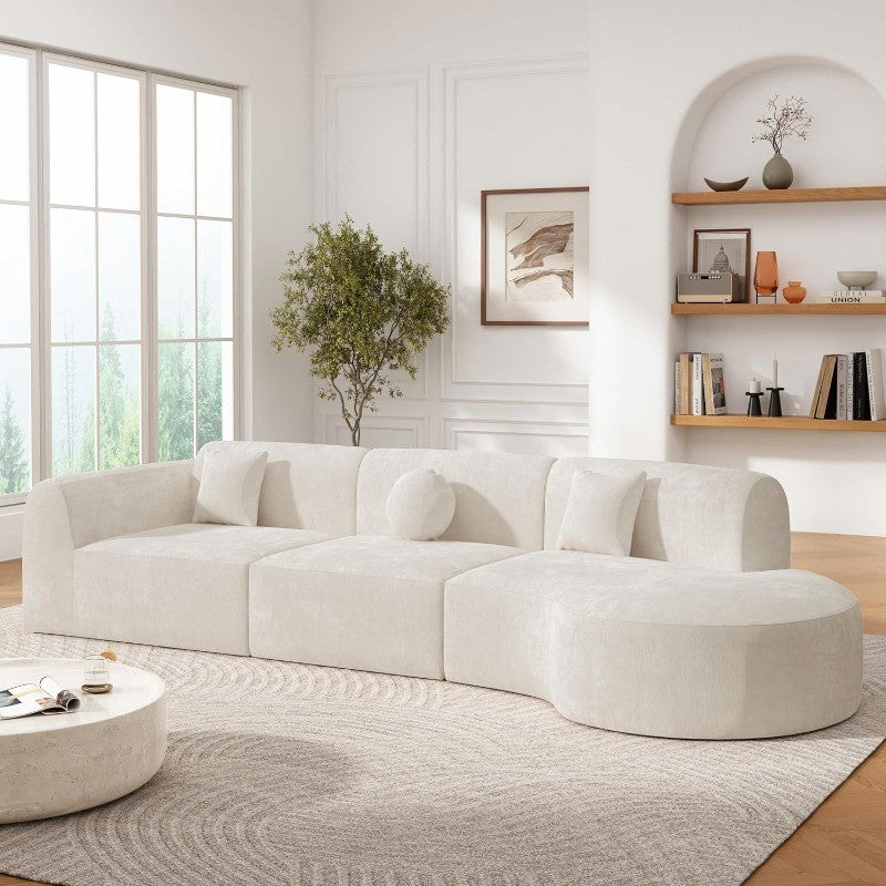 Curved Polyester Sectional Sofa Set, 7 Seat Modern Cloud Couch with Chaise Lounge, 3 Pillows, Fully Assembled for Living Room